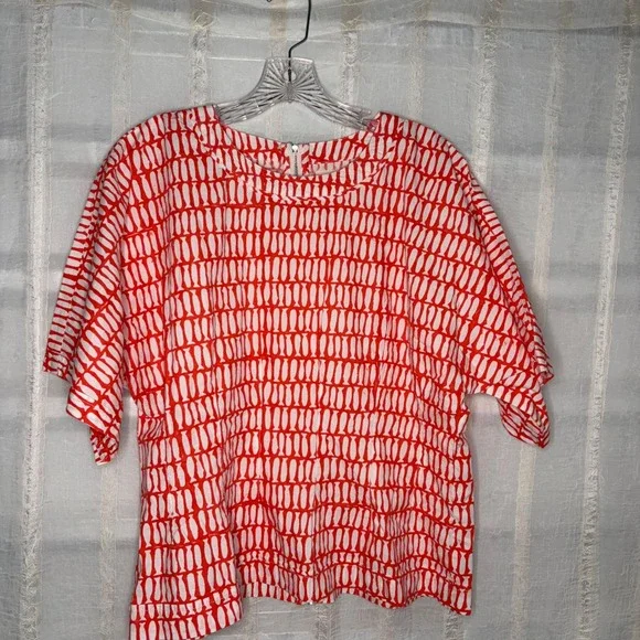 MIRTH Handmade Block Print Top Womens L Red White Excellent Fish Pattern - Picture 1 of 10